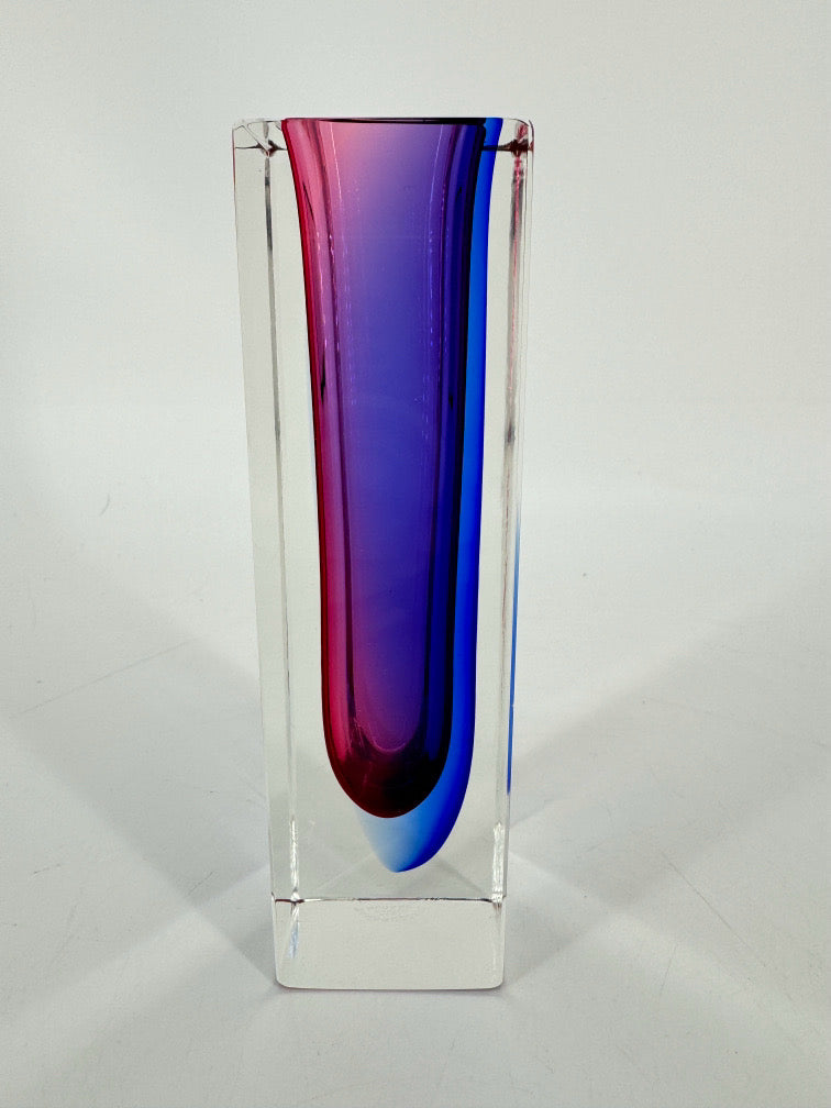 MURANO Red & Blue Clear Glass Square Vase