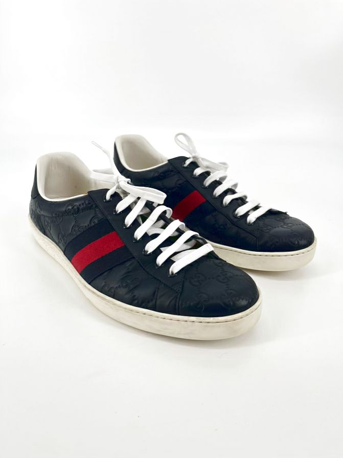 GUCCI Size 11 Navy & Red Leather Logo Ace Sneakers