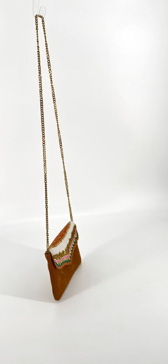 NAHUA Camel Beaded Suede Crossbody Bag