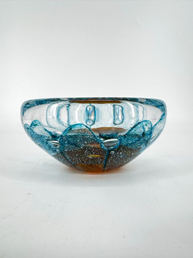 JACOB PFEIFER Aqua & Tan Handblown Glass Bowl
