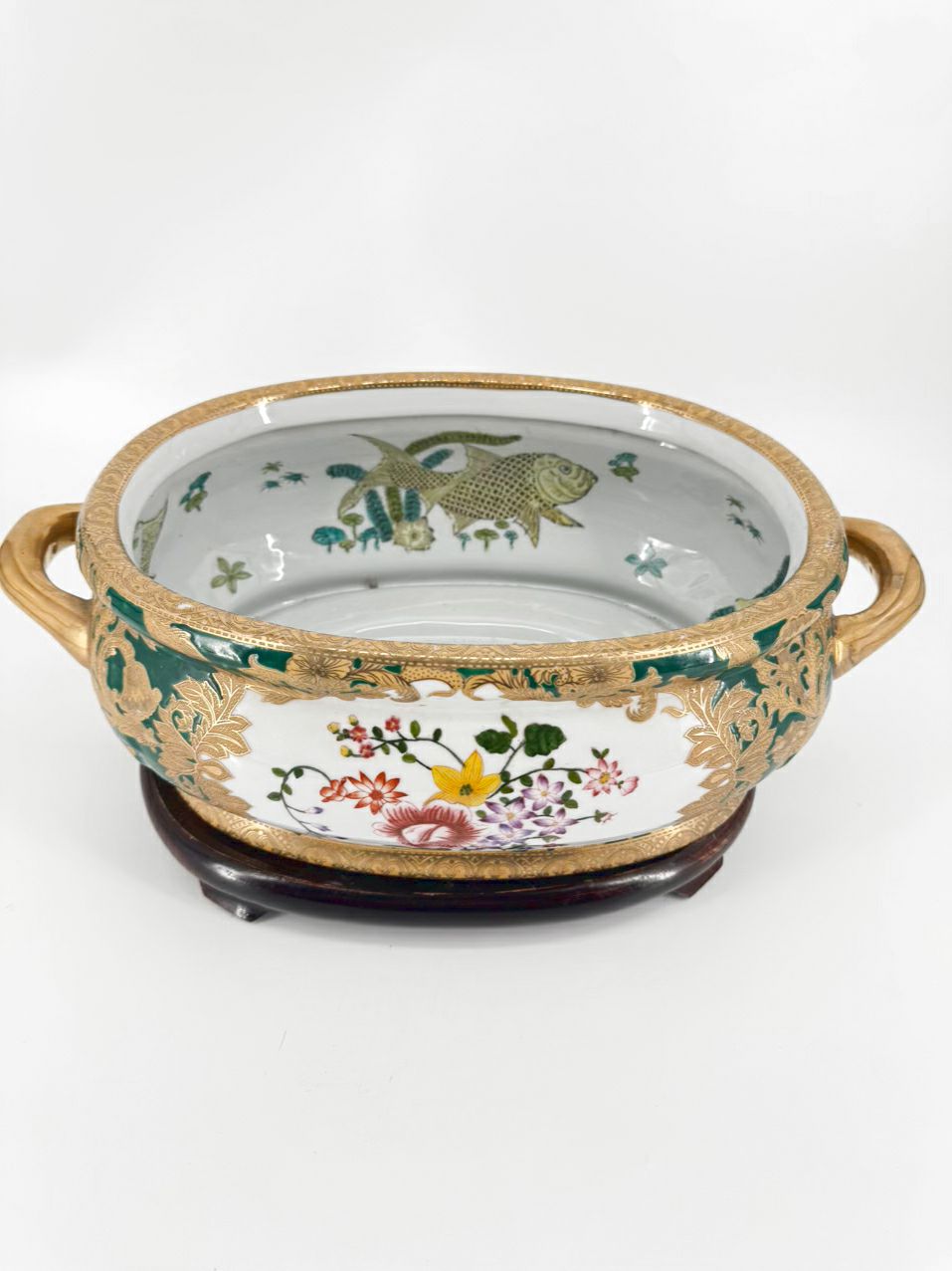 Green & Gold Fish & Flowers Porcelain Planter w/ Wood Stand