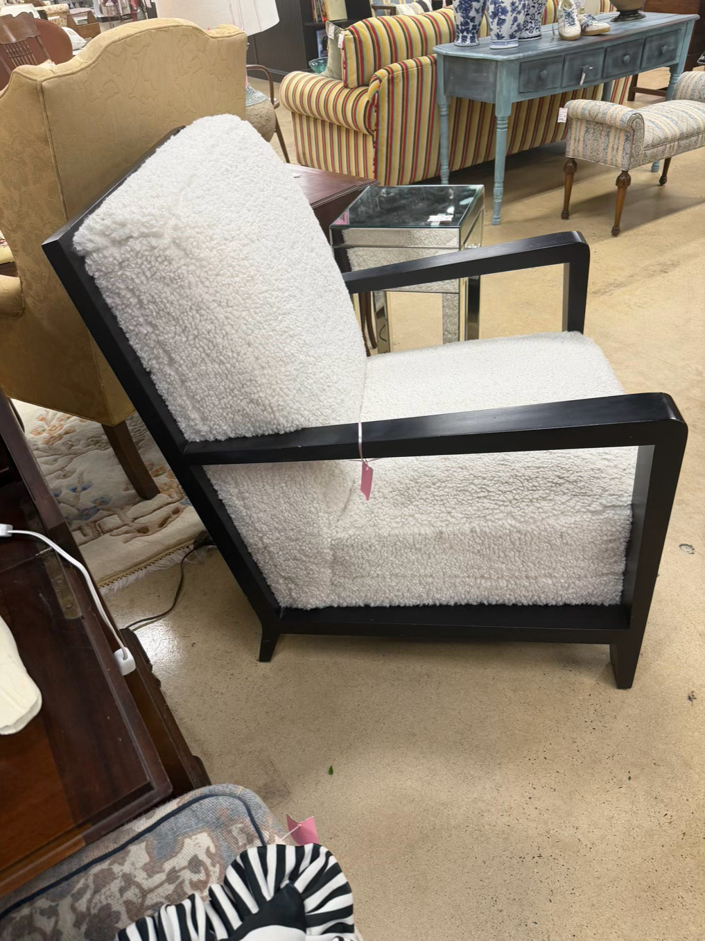 Ivory & Black Wood Faux Fur Chair