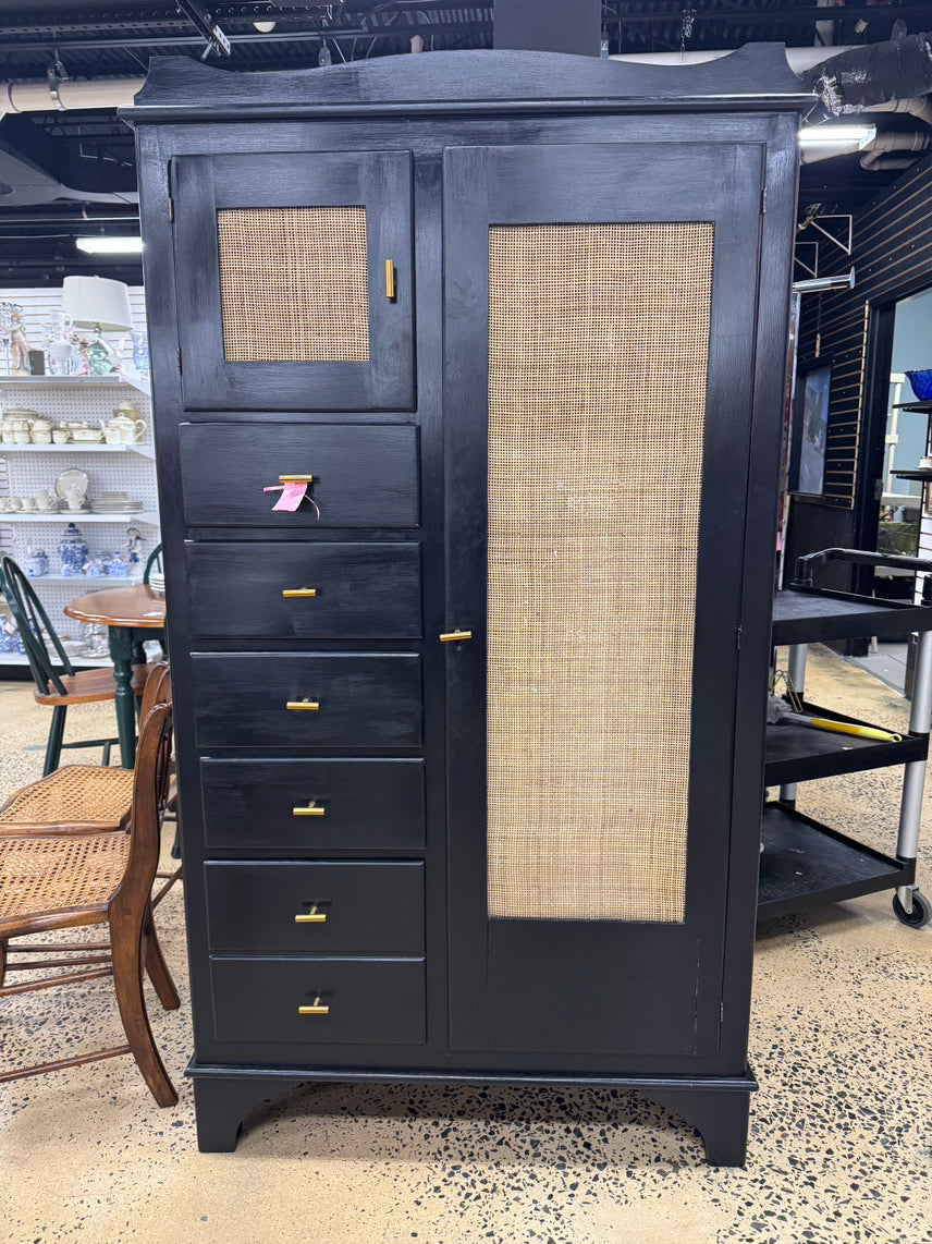 VINTAGE Black Painted Wood 6-Drawer Wardrobe