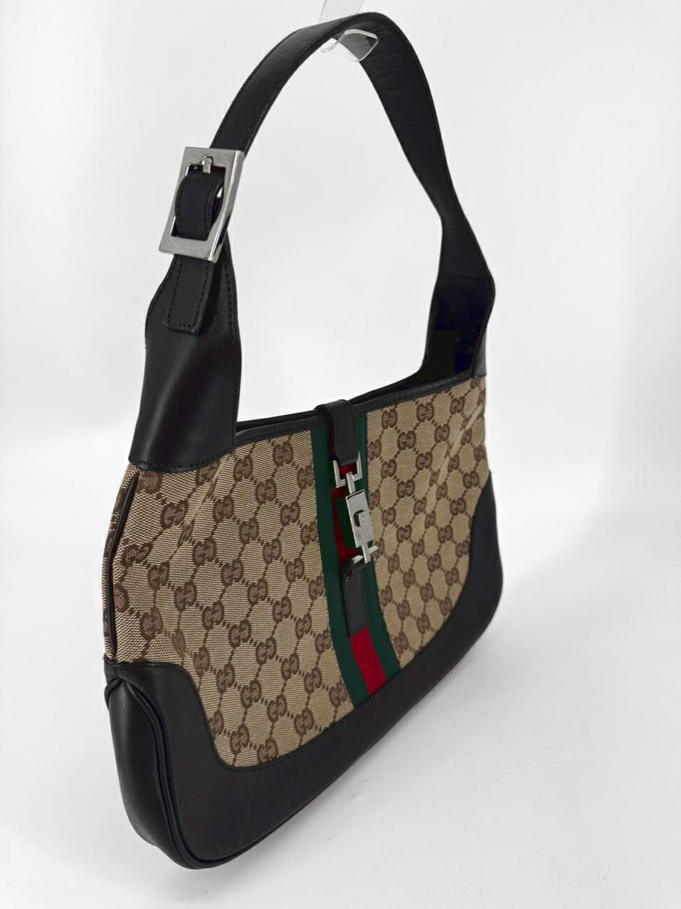 GUCCI Tan Canvas Monogram Jackie Purse