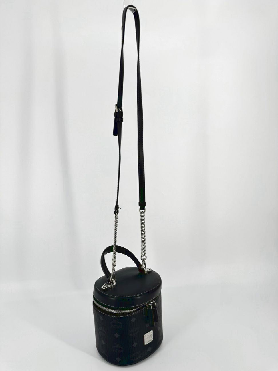 MCM Black Leather Visetos Cylinder Crossbody Bag