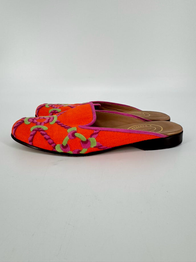 STUBBS & WOOTTON Size 9.5 Orange & Pink Leather & Fabric Knot Mules