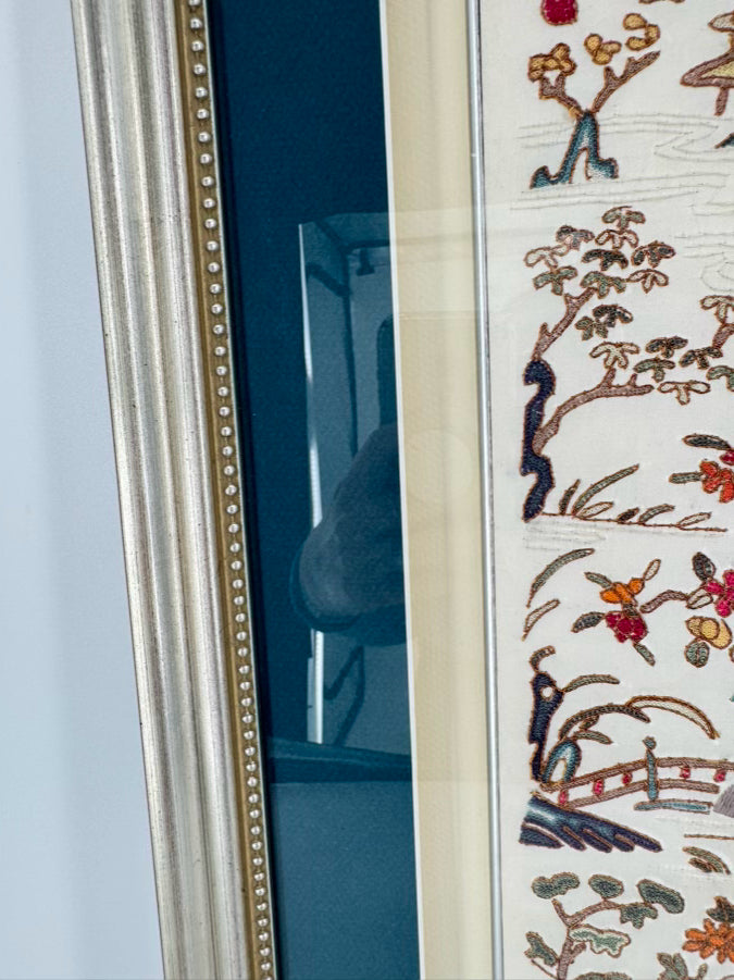 Cream Needlework Embroidered Silk Panels in Brushed Silver Shadow Box Frame