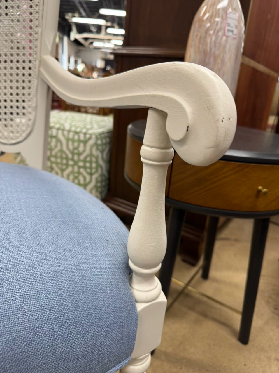 VINTAGE White Wood Blue Upholstered Cane Back Chair