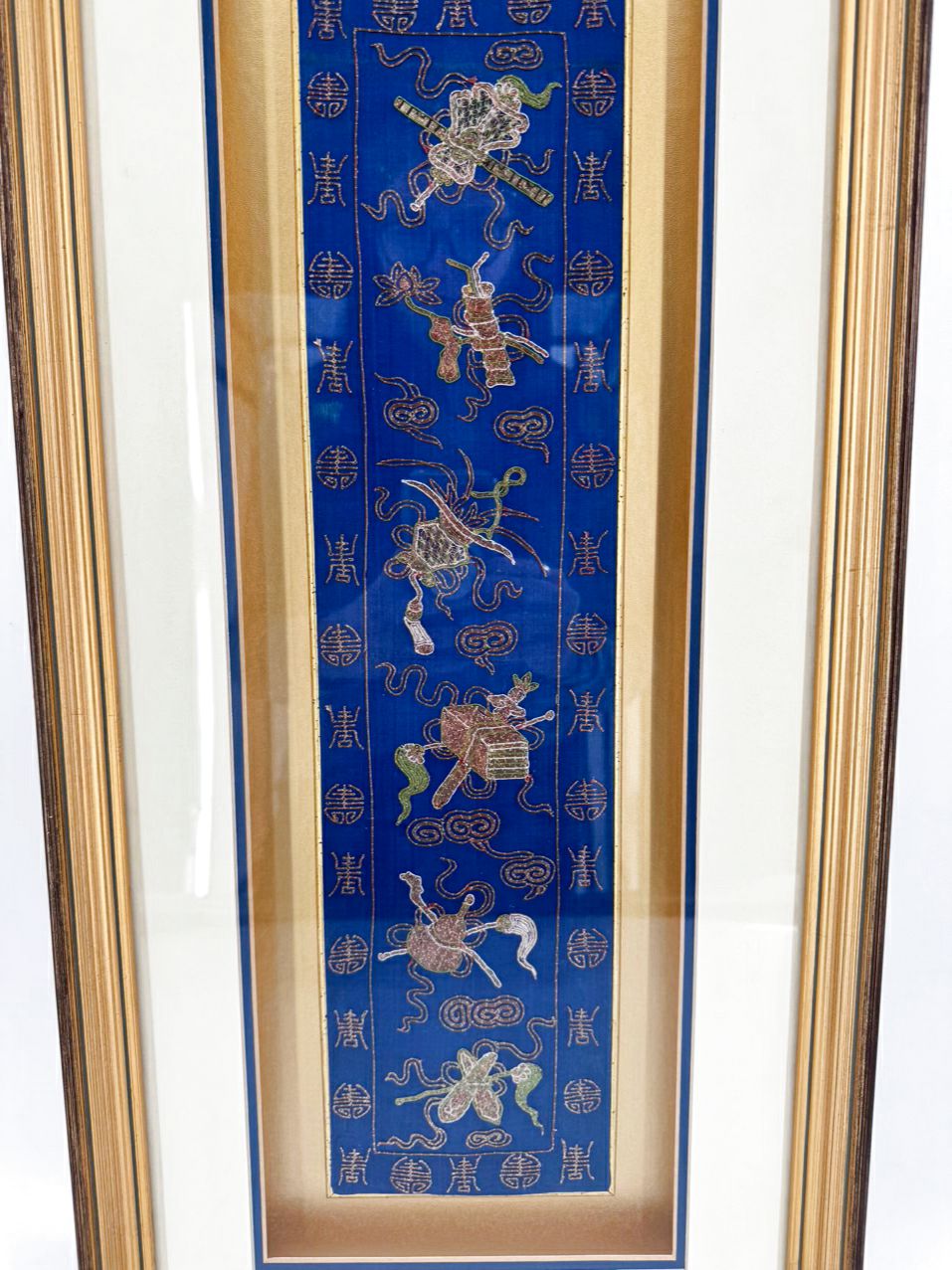 Royal Blue Needlework Embroidered Silk in Gold Shadow Box Frame