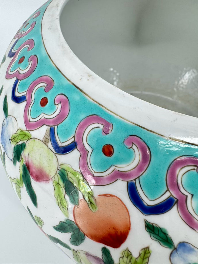 Aqua, Green & Pink Peaches Porcelain Famille Rose Cachepot