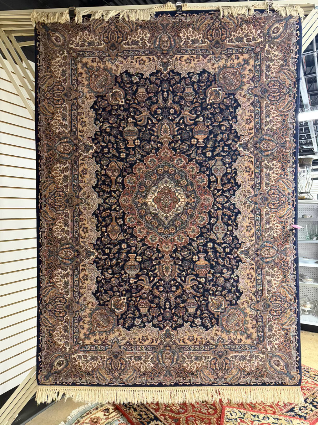 KURDAMIR Navy, Salmon Oriental Area Rug w/ Fringe