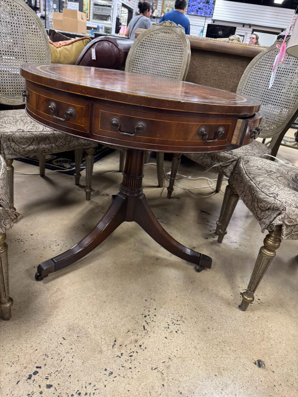 VINTAGE Wood Leather Top Round Occasional Table