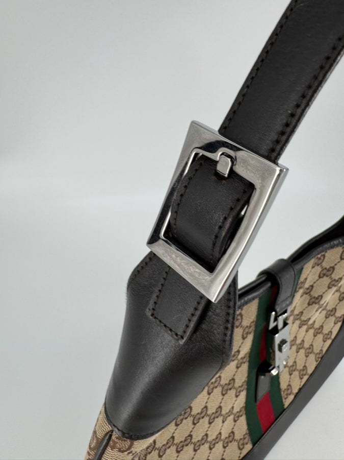 GUCCI Tan Canvas Monogram Jackie Purse