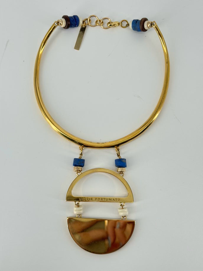 LIZZIE FORTUNADO Red, Blue, & Gold Tone Geometric Statement Necklace
