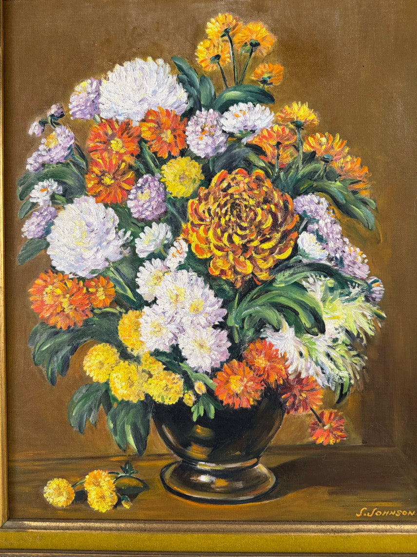 S. JOHNSON Orange & Purple Flowers in Vase Painting in Gold Frame