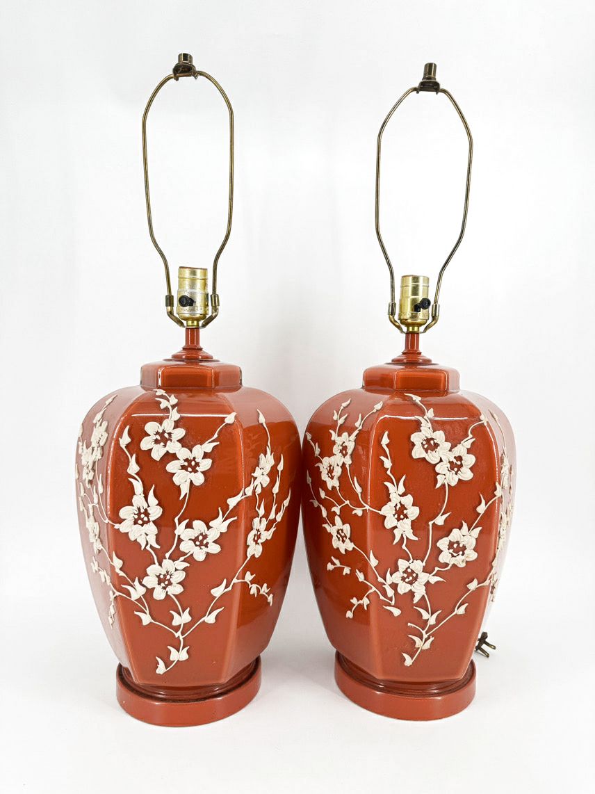 Burnt Orange Glass Raised Flower Design Pair of Ginger Jar Lamps