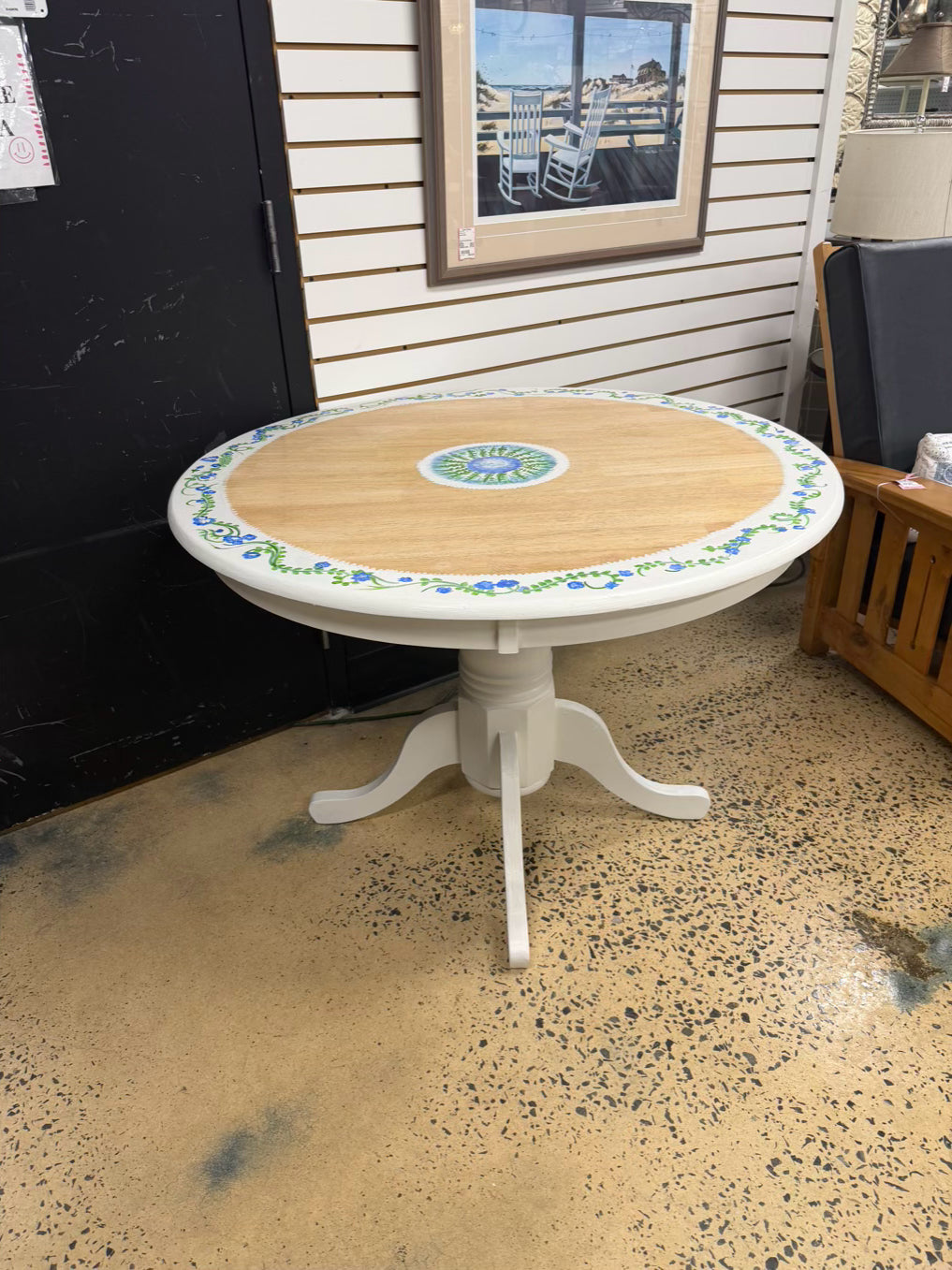 Blue, White & Green Natural Wood Hand Painted Boarder Round Table