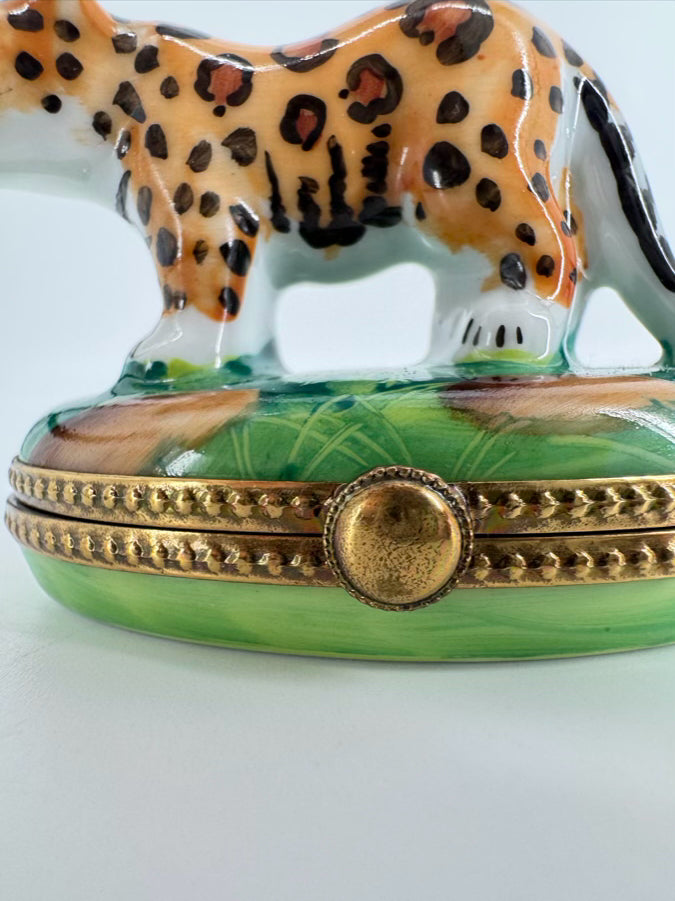 LIMOGES Green & Brown Leopard Ceramic Trinket Box
