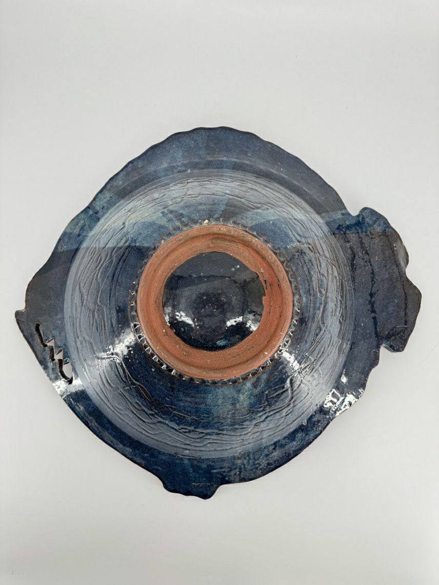 Blue & Tan Large Fish Pottery Bowl