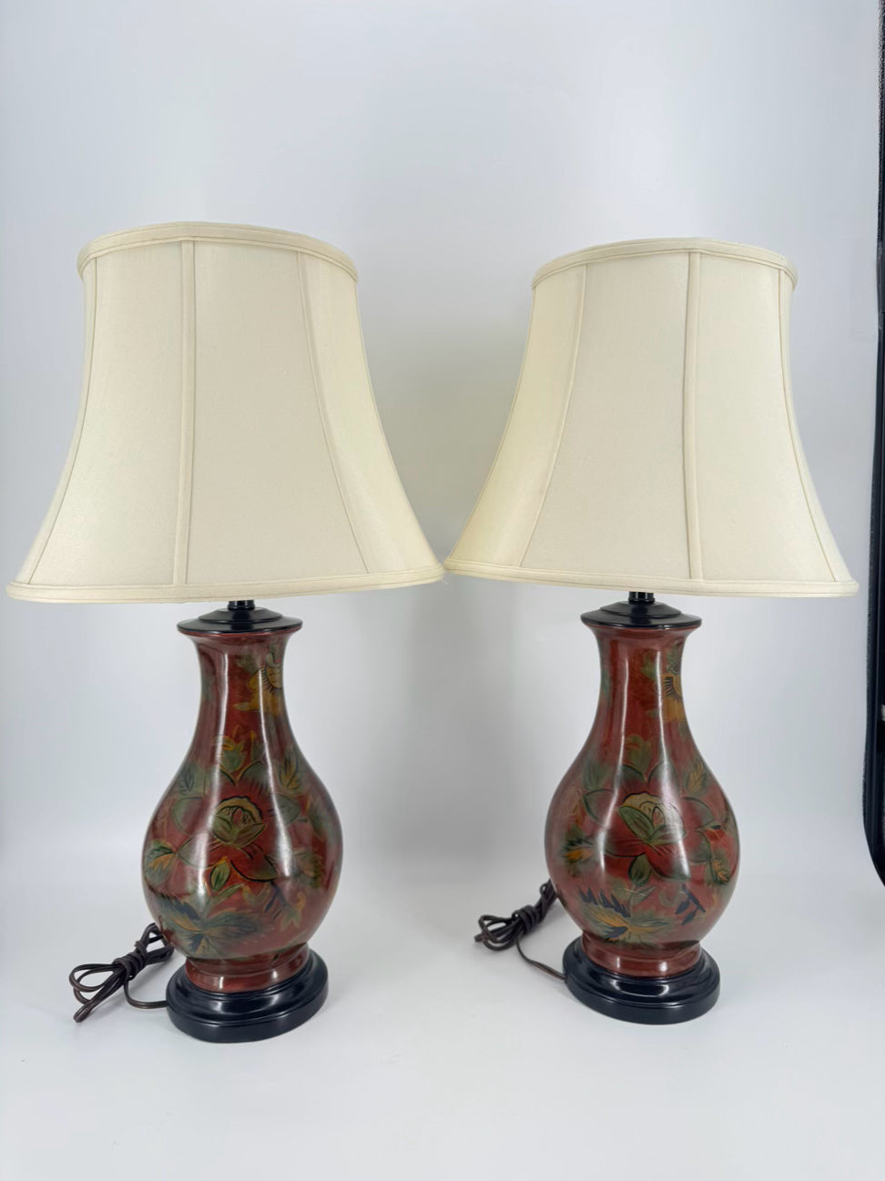 Brick & Green Flowers Ceramic Pair of Lamps