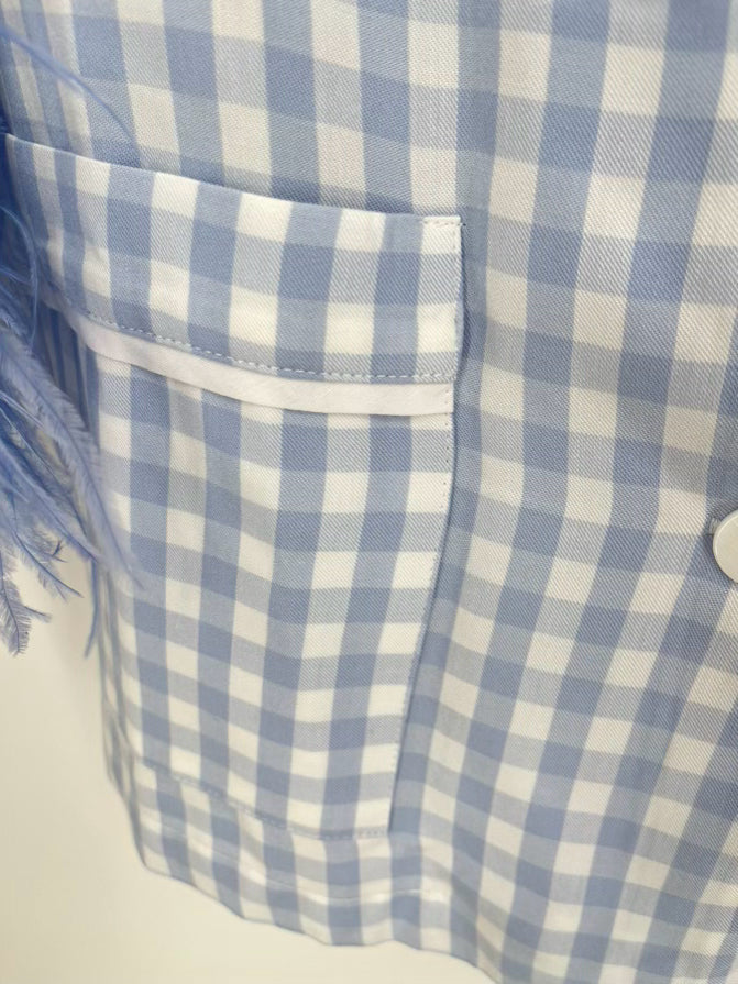 SLEEPER Size XS Periwinkle Feather Trim Checkered Pajama Set NWT
