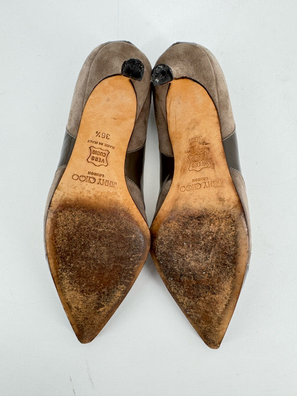 JIMMY CHOO Size 36.5 Taupe Leather Kitten Heels