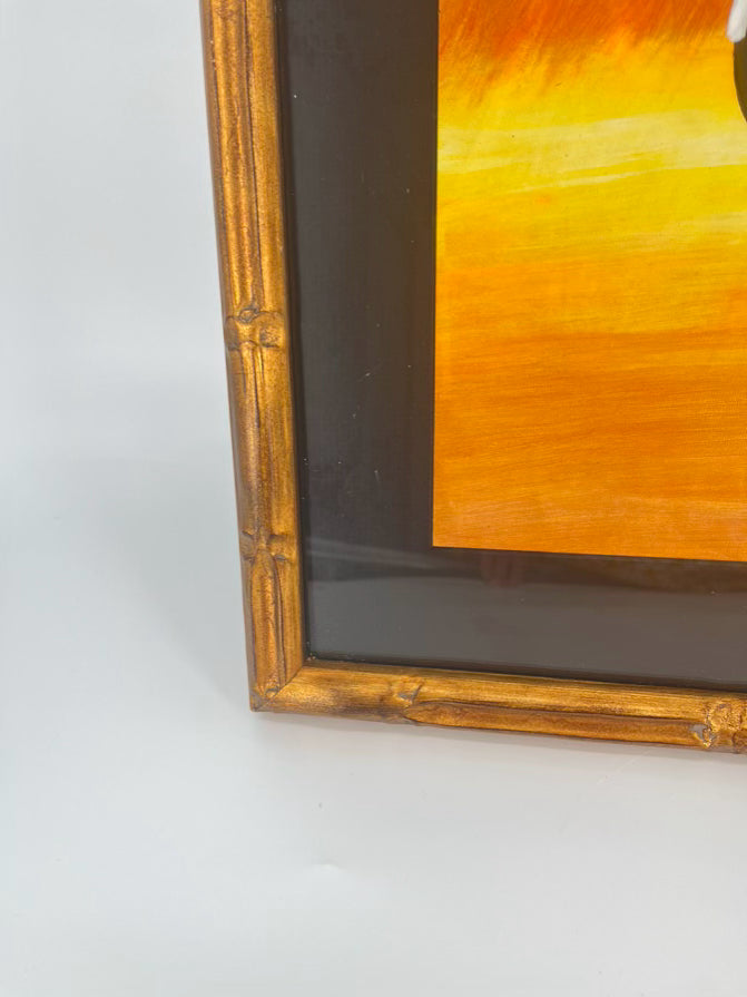 Bicycle on Orange Background in Gold Bamboo Frame Painting