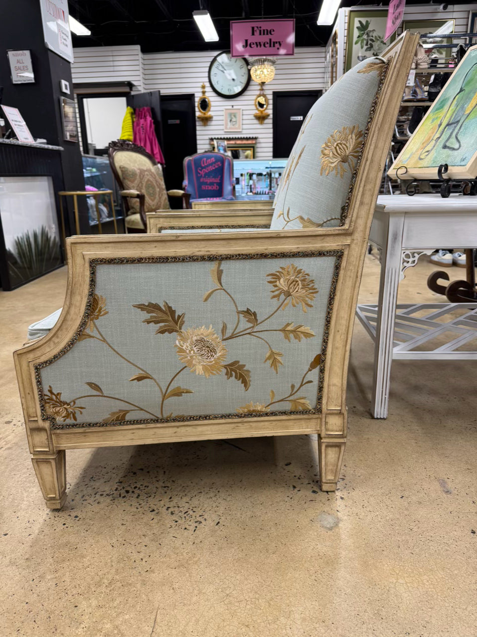 TAYLOR KING Cream & Blue Floral Upholstered French Pair of Chairs