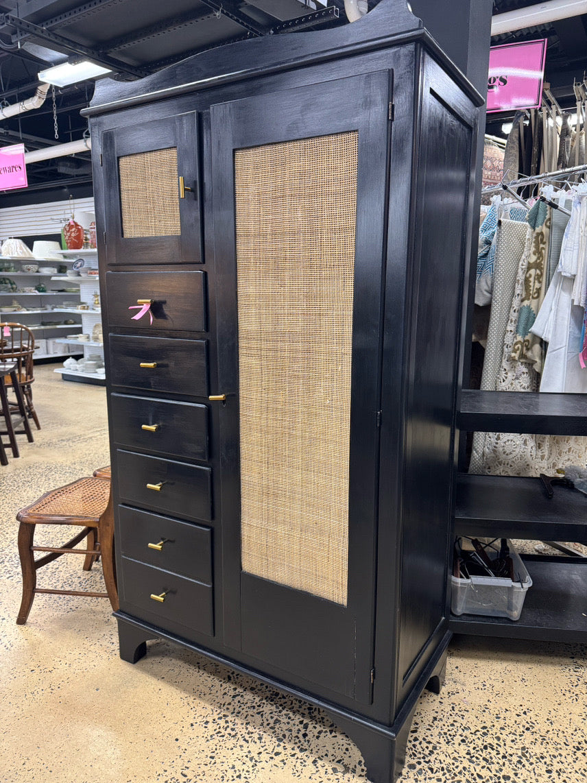 VINTAGE Black Painted Wood 6-Drawer Wardrobe