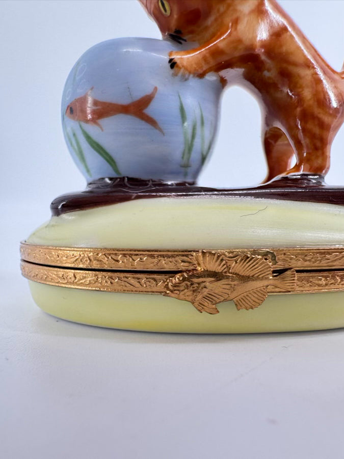 LIMOGES Orange & Blue Cat & Fishbowl Ceramic Trinket Box