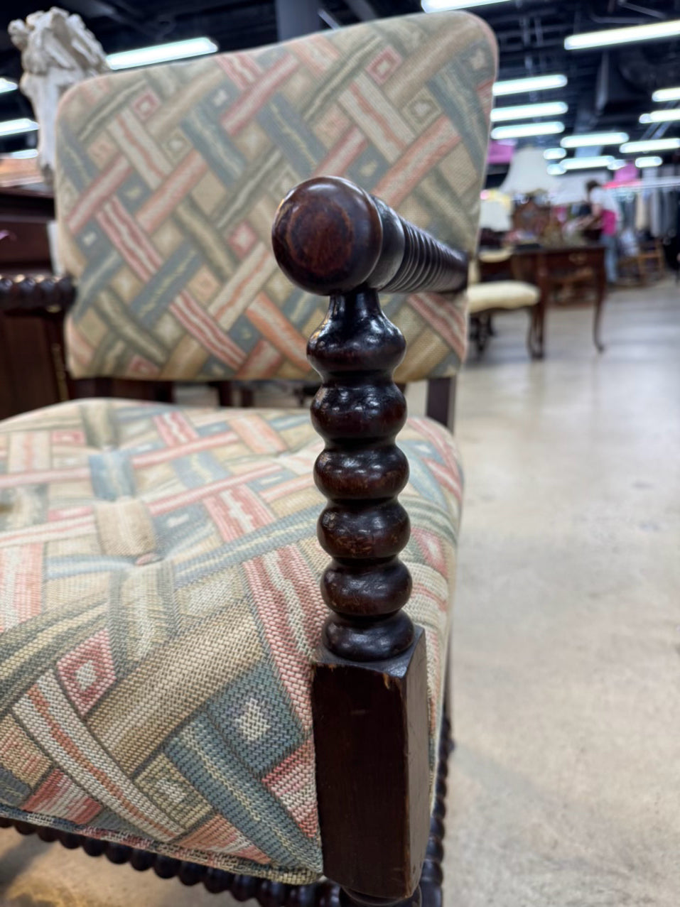 VINTAGE Bobbin Wood Upholstered Chair