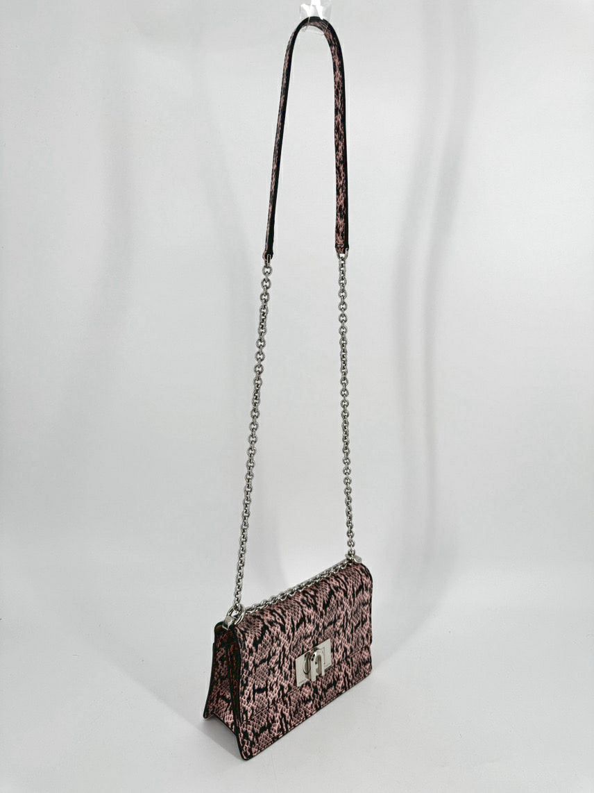 FURLA Pink & Black Snakeskin Print Leather Crossbody Bag
