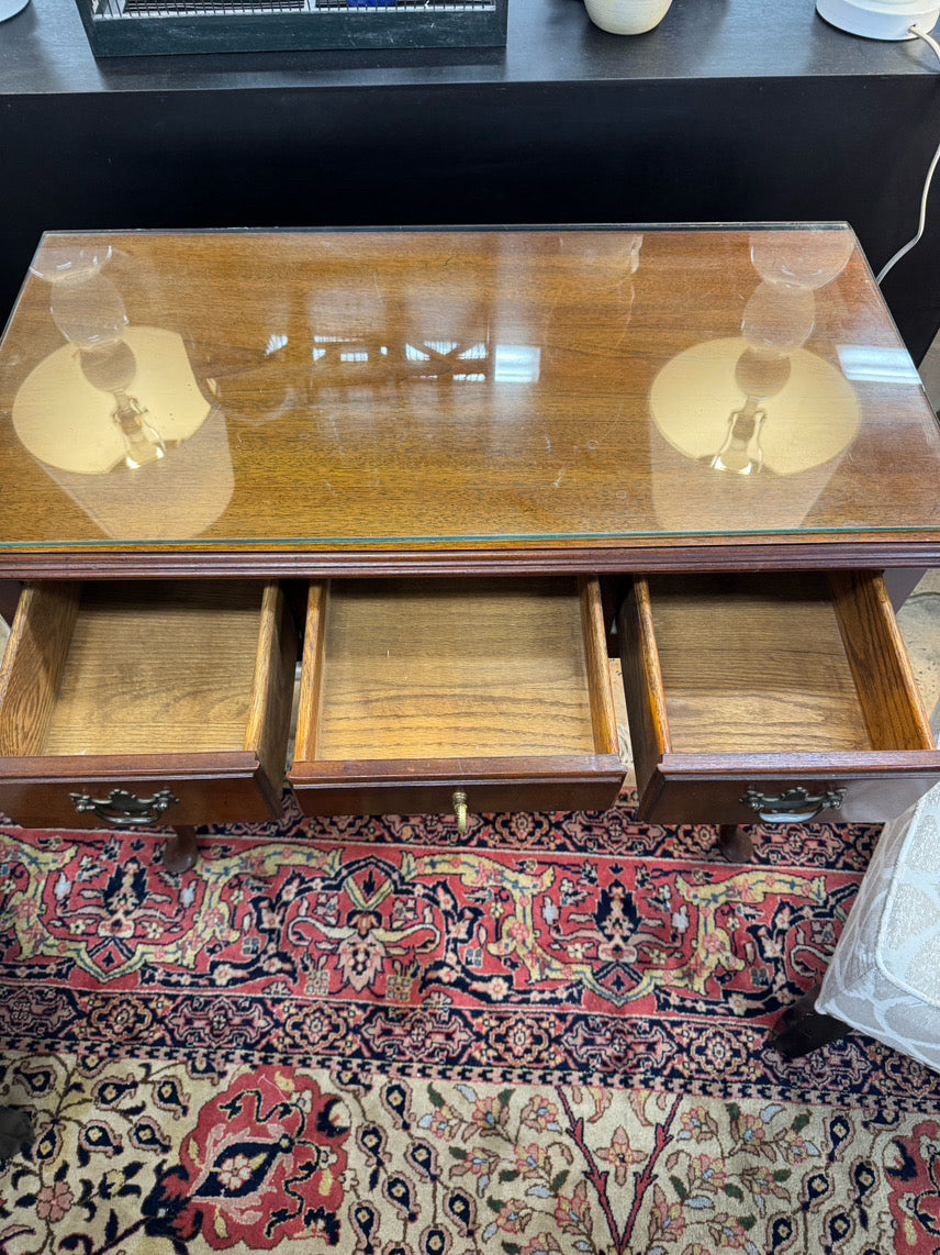 Wood Glass-Top 3-Drawer Queen Ann Desk