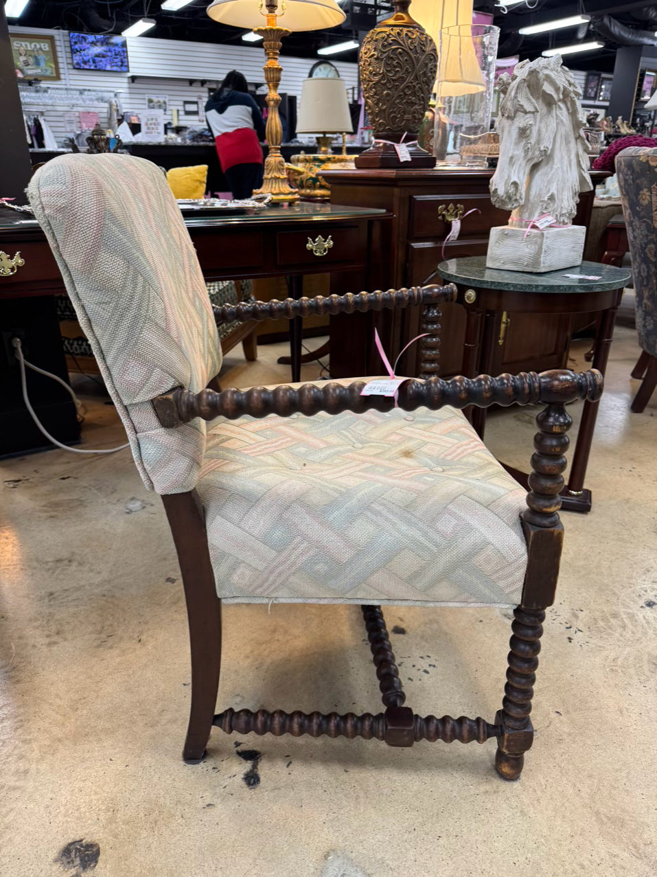 VINTAGE Bobbin Wood Upholstered Chair