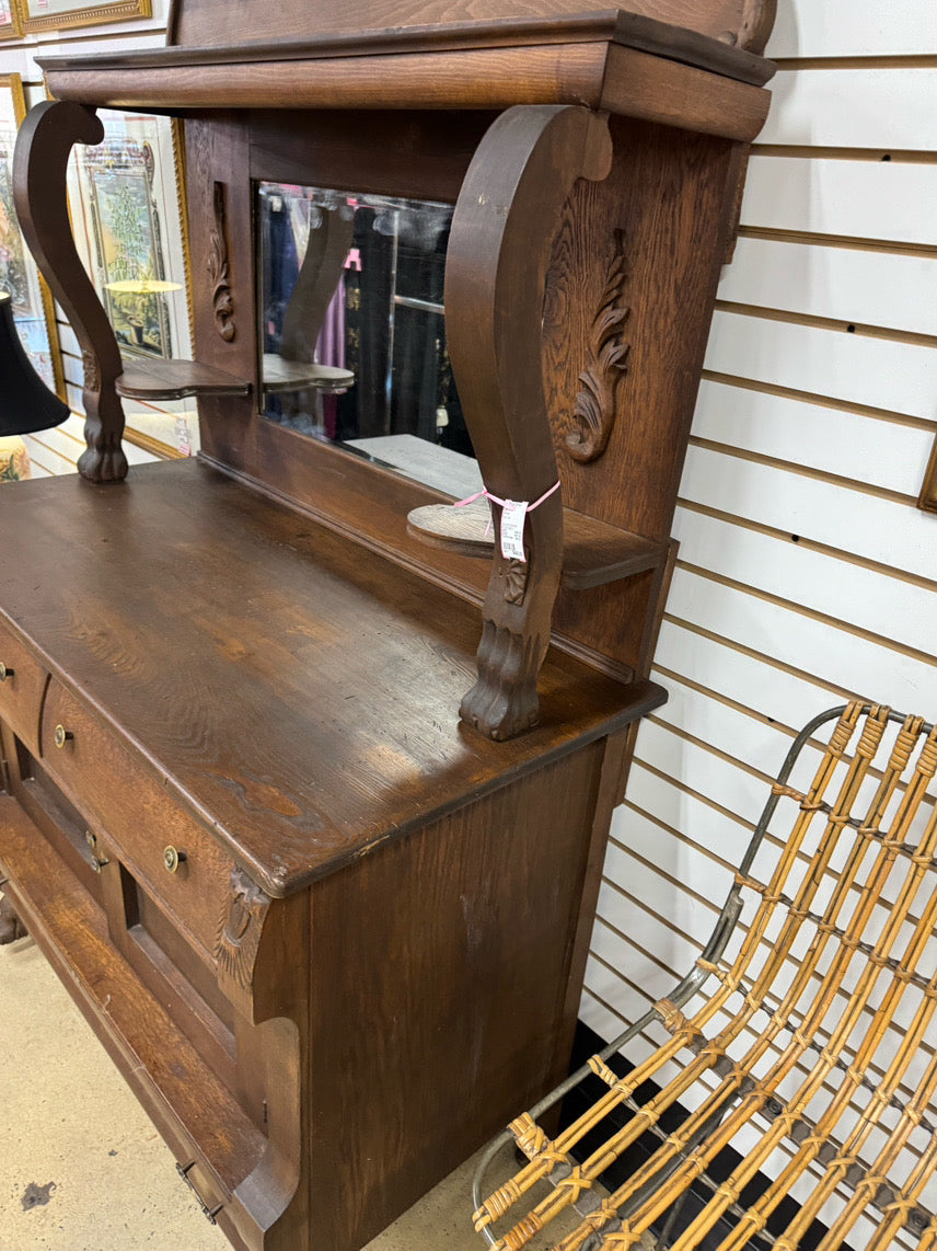 ANTIQUE Oak Mirror-Back 2-Tier Buffet