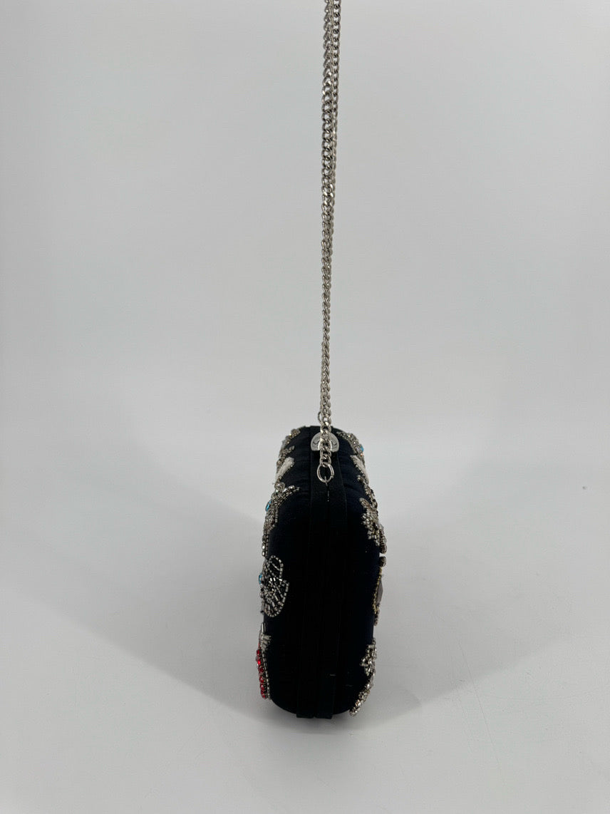 TIANA Black Beaded Eyes Clutch Bag w/ Crossbody Strap