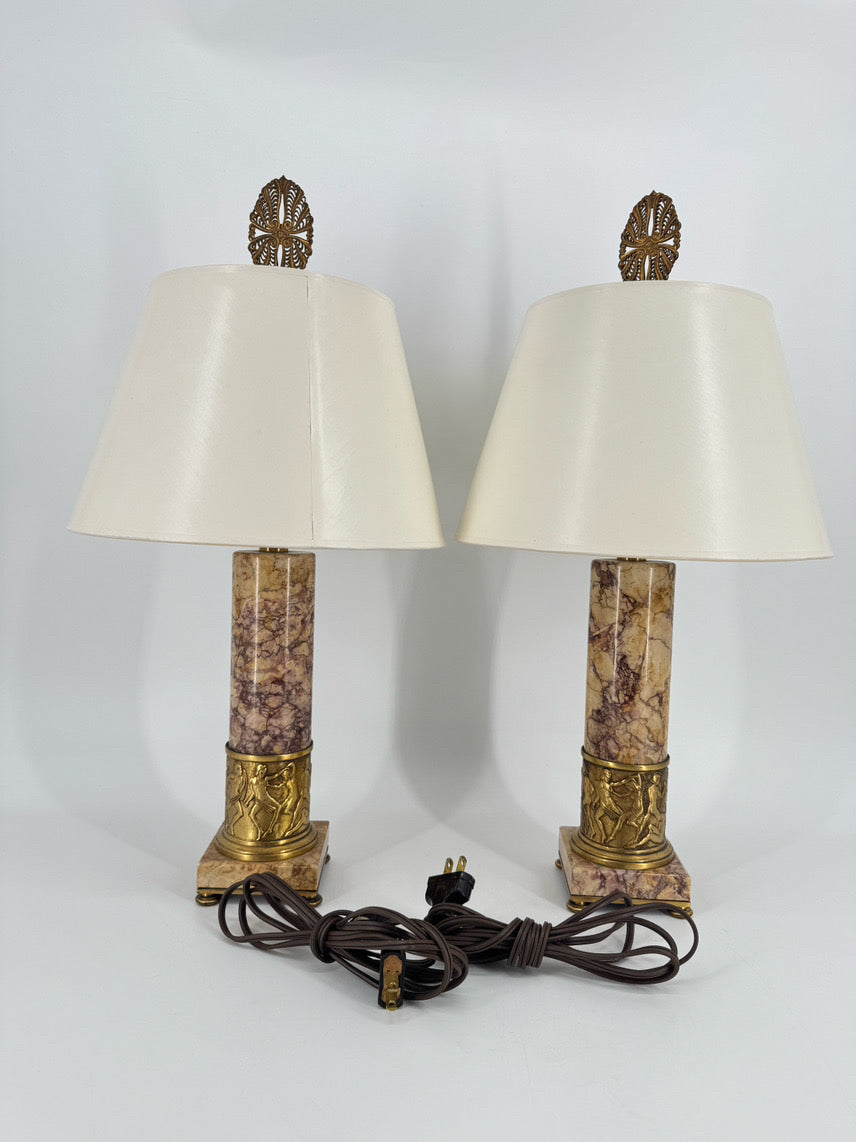Cream & Pink Marble & Brass Trim Neoclassical Gladiators Pair of Lamps