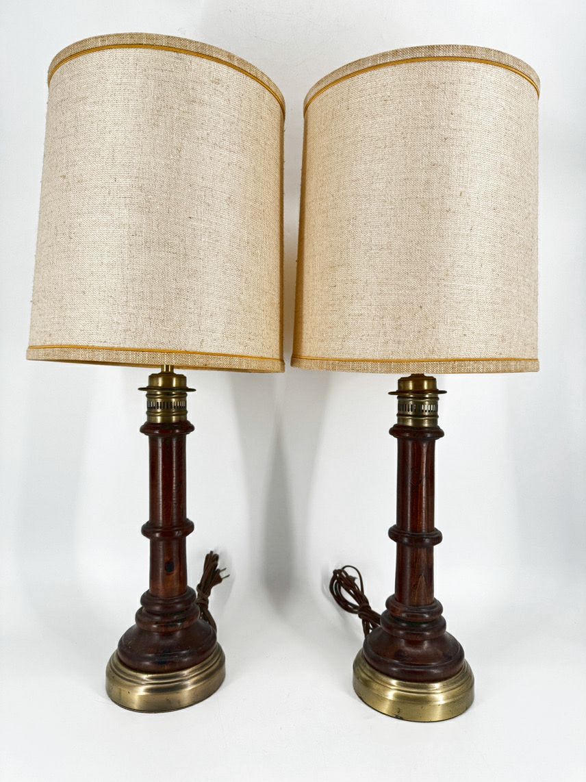 VINTAGE Wood & Brass Pair of Lamps