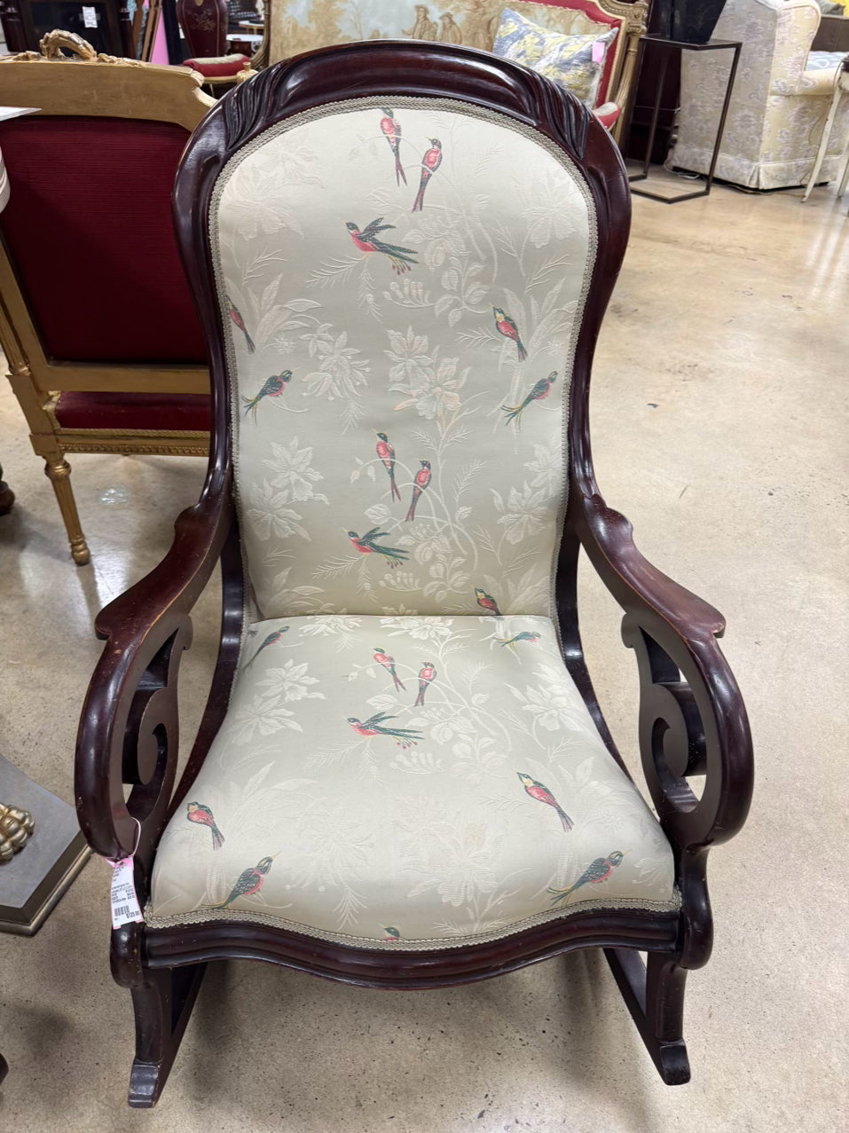 VINTAGE Wood Cream, Pink & Green Birds Upholstered Rocking Chair