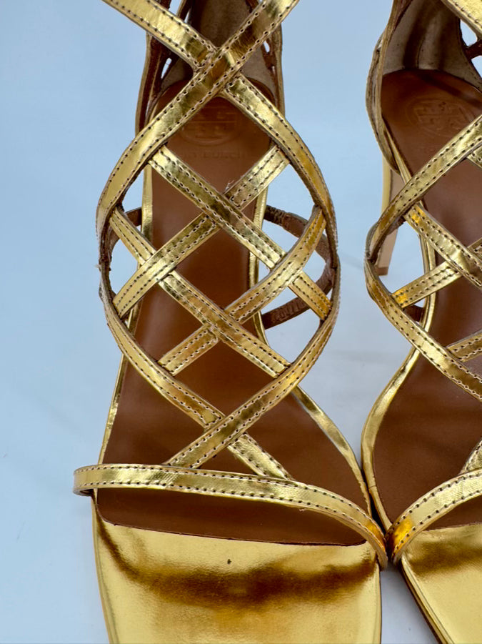TORY BURCH Size 10 Gold Amalie Metallic Cage Heels