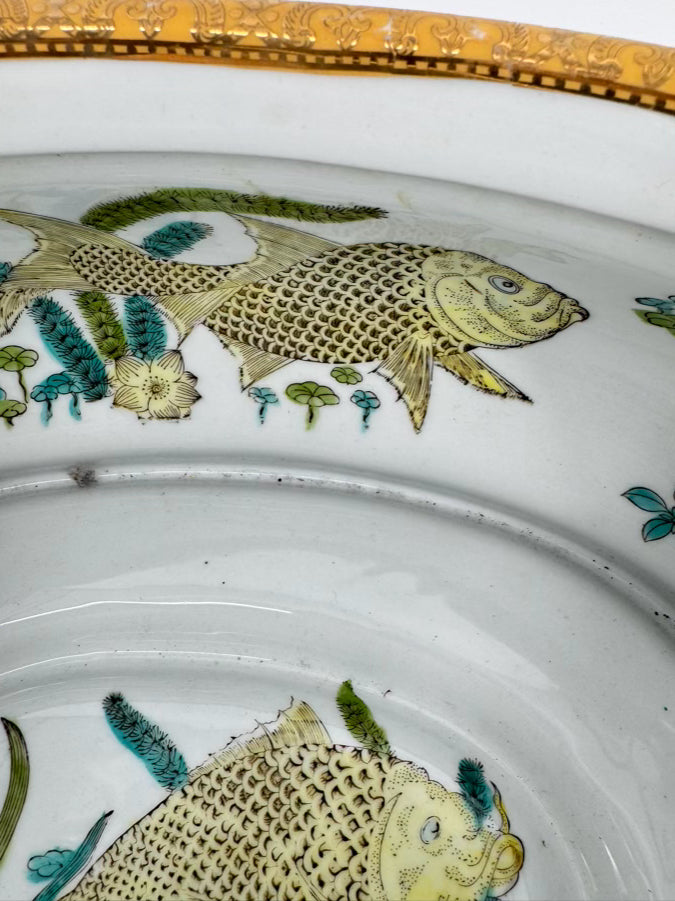 Green & Gold Fish & Flowers Porcelain Planter w/ Wood Stand