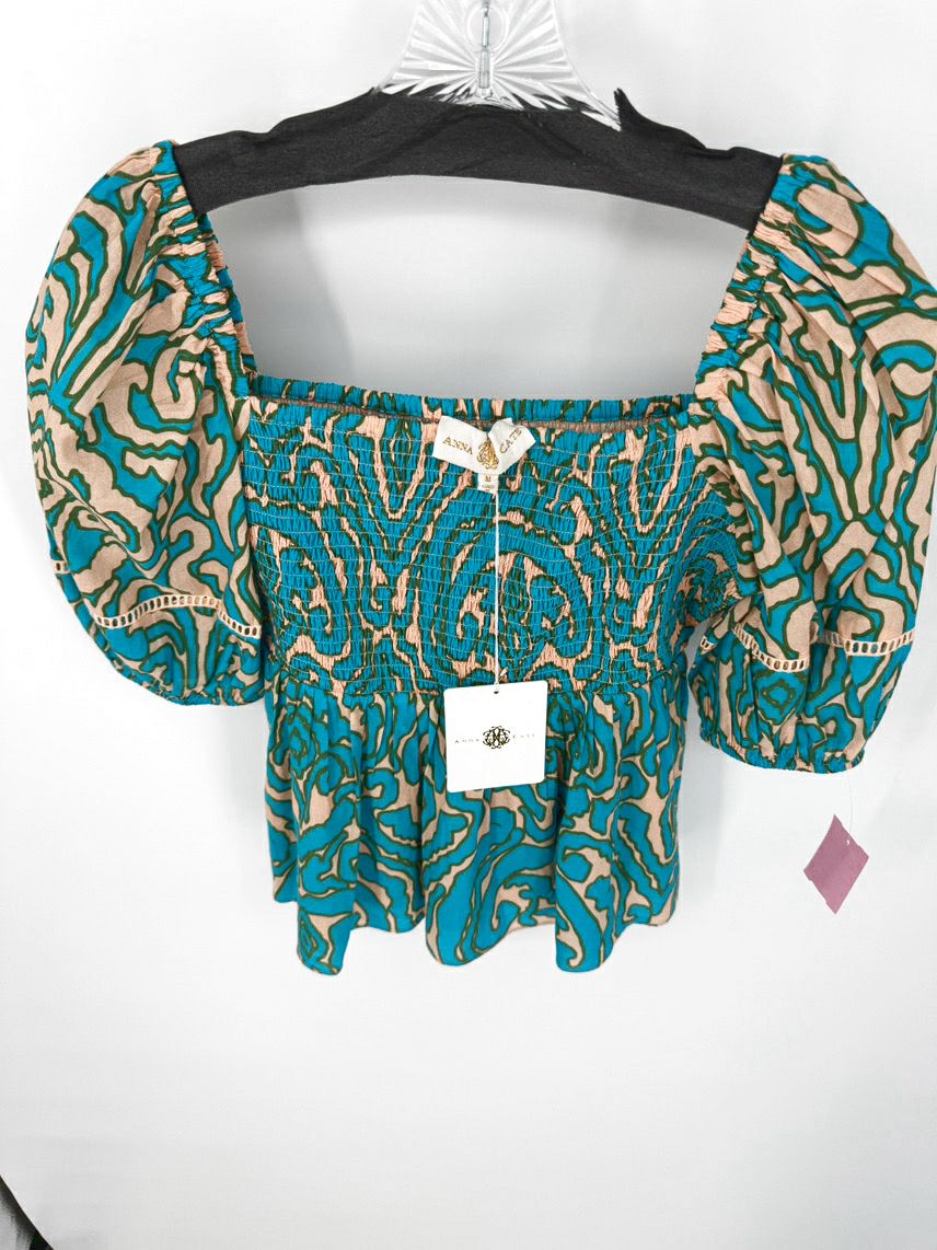 ANNA CATE Size M Turquoise Print Rouching Violet Blouse NWT