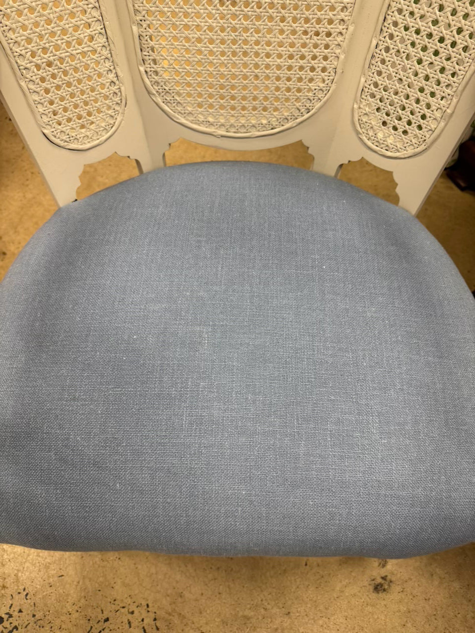 VINTAGE White Wood Blue Upholstered Cane Back Chair