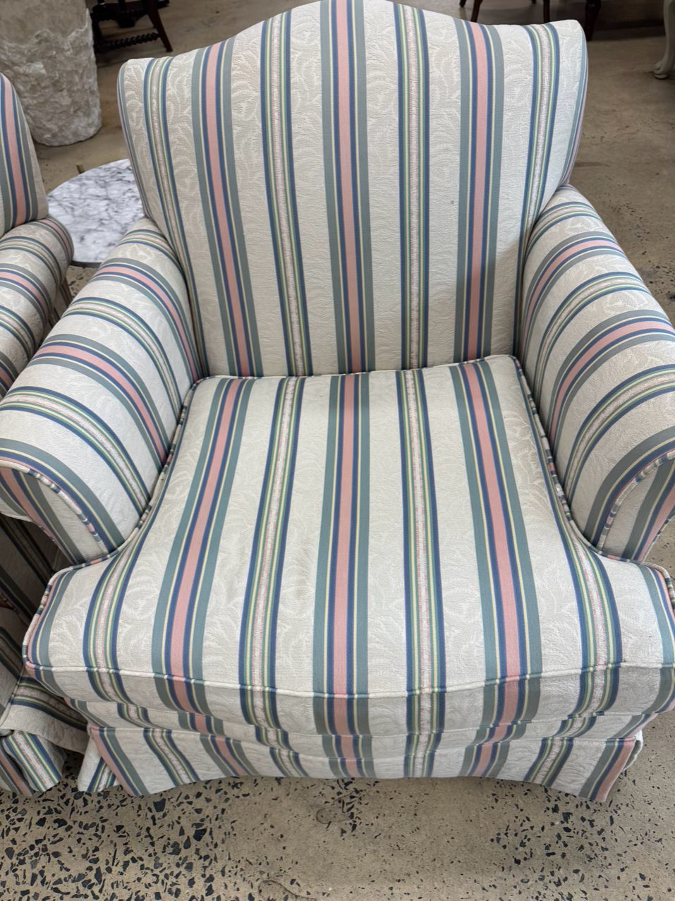 VANGUARD Cream, Blue & Pink Stripe Pair of Club Chairs