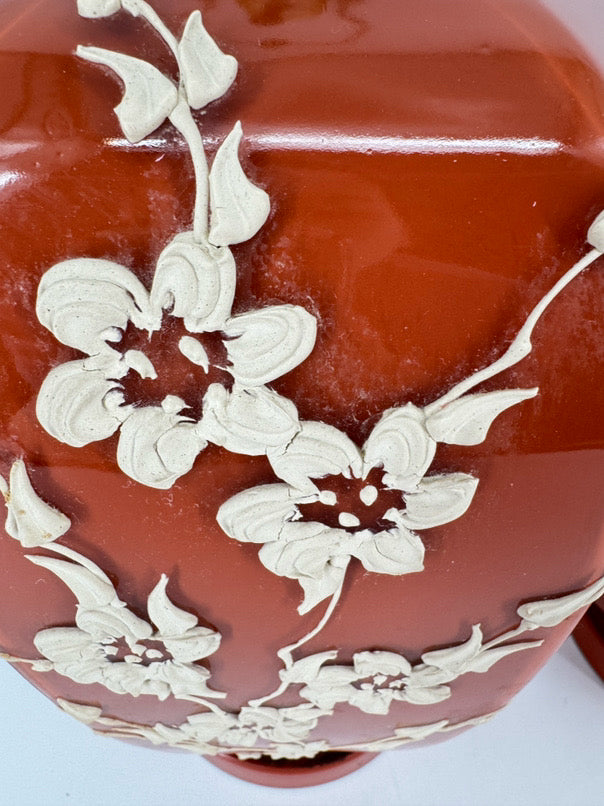 Burnt Orange Glass Raised Flower Design Pair of Ginger Jar Lamps