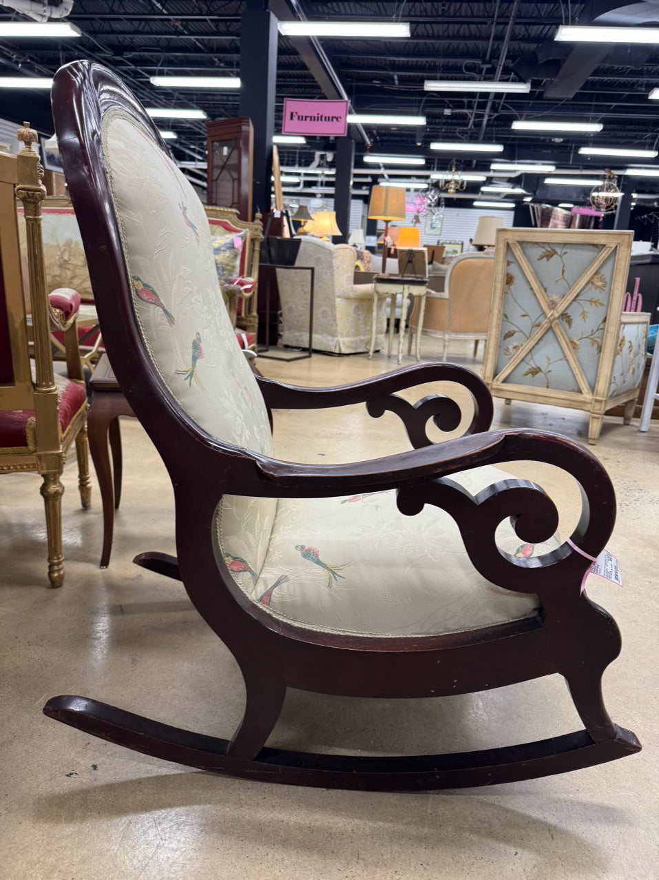VINTAGE Wood Cream, Pink & Green Birds Upholstered Rocking Chair