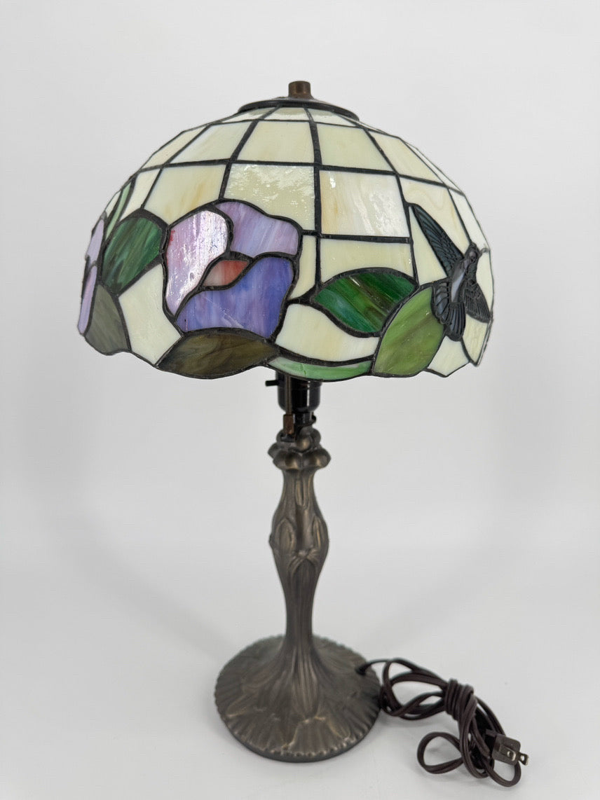 Purple & Green Glass & Metal Hummingbird Tiffany Style Lamp