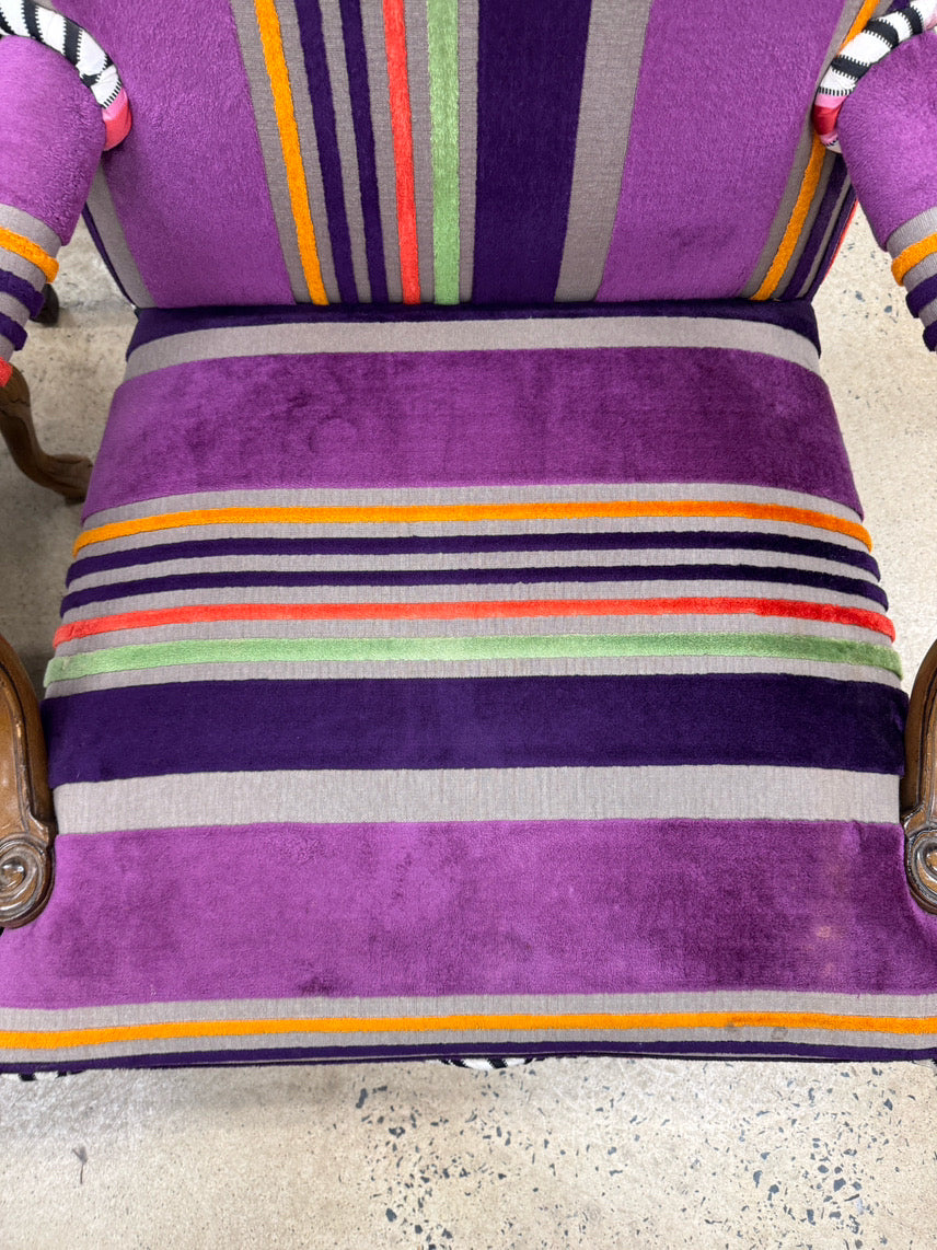 Purple & Orange Stripe Upholstered Queen Anne Ball & Claw Pair of Chairs