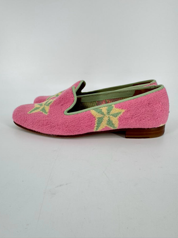 STUBBS & WOOTTON Size 9.5 Pink & Green Leather & Terrycloth Starfish Flats