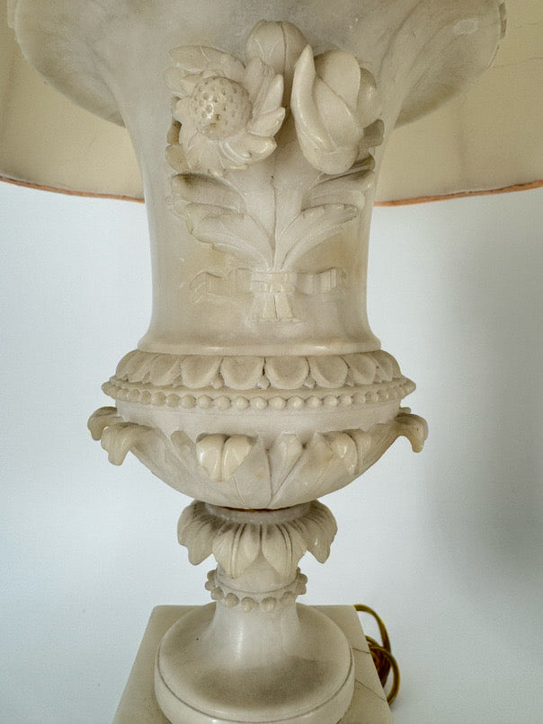 White Carved Alabaster w/ Brass Trim & Lace Embroidered Shade Pair of Lamps